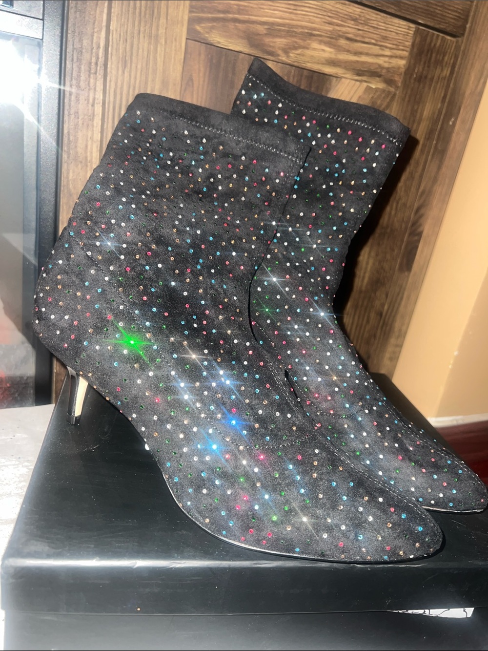 Nanette Lepore Black Sock Ankle Boots with Multicolor Rhinestones